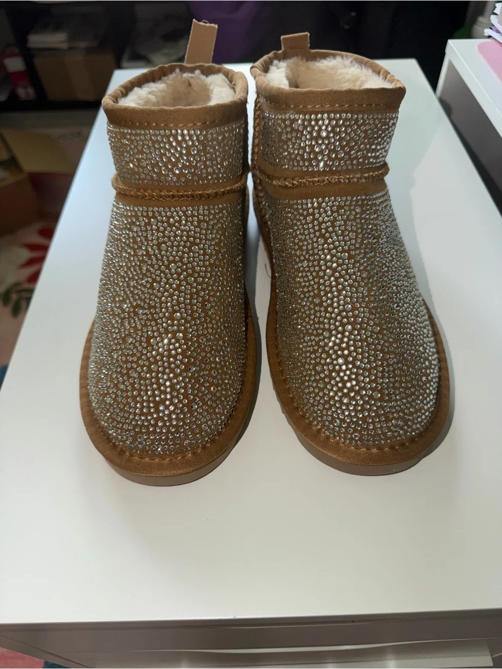 INC Crystal-Embellished Tan Faux Fur Ankle Boots